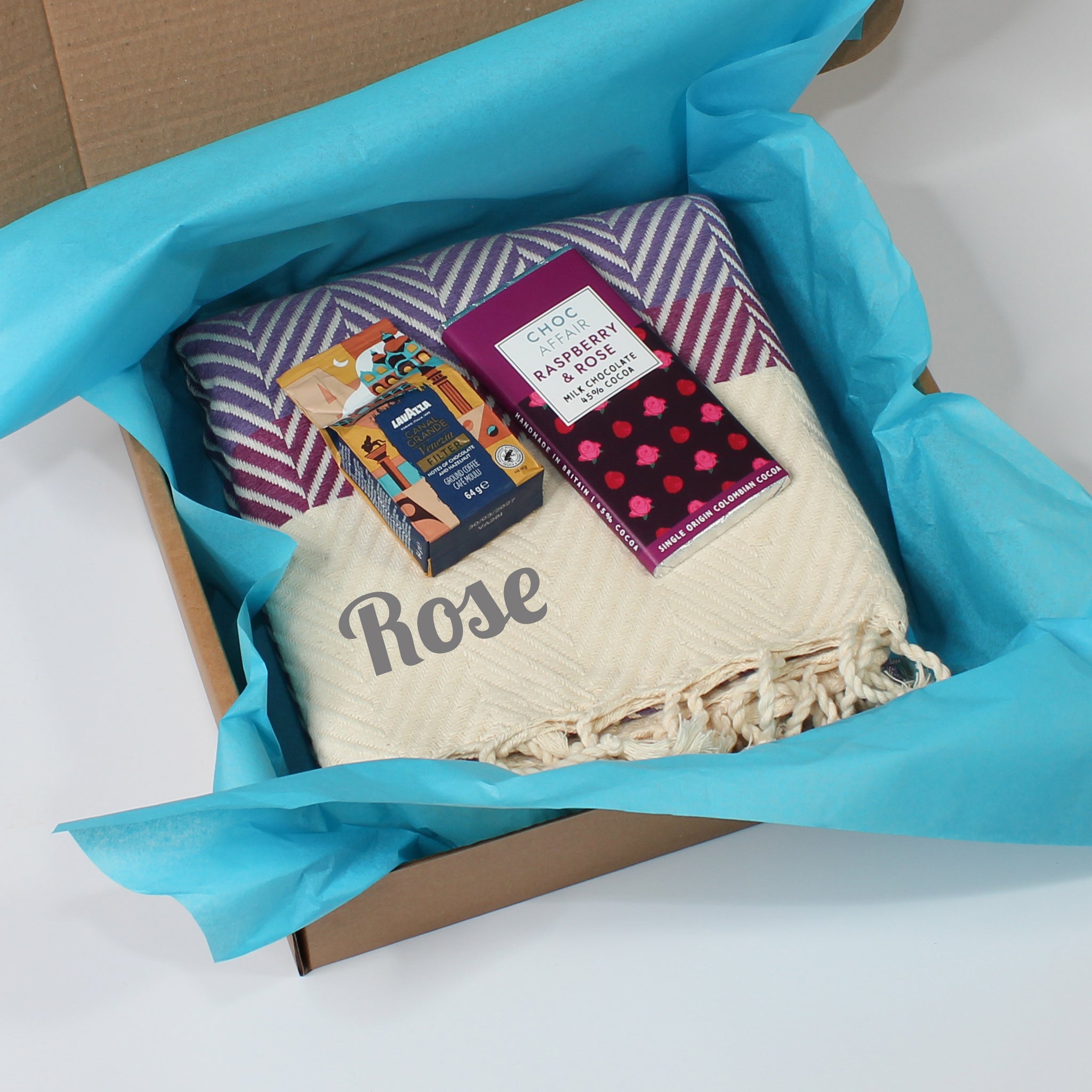 Personalised Soft Cotton Blanket & Coffee & Chocolate Set