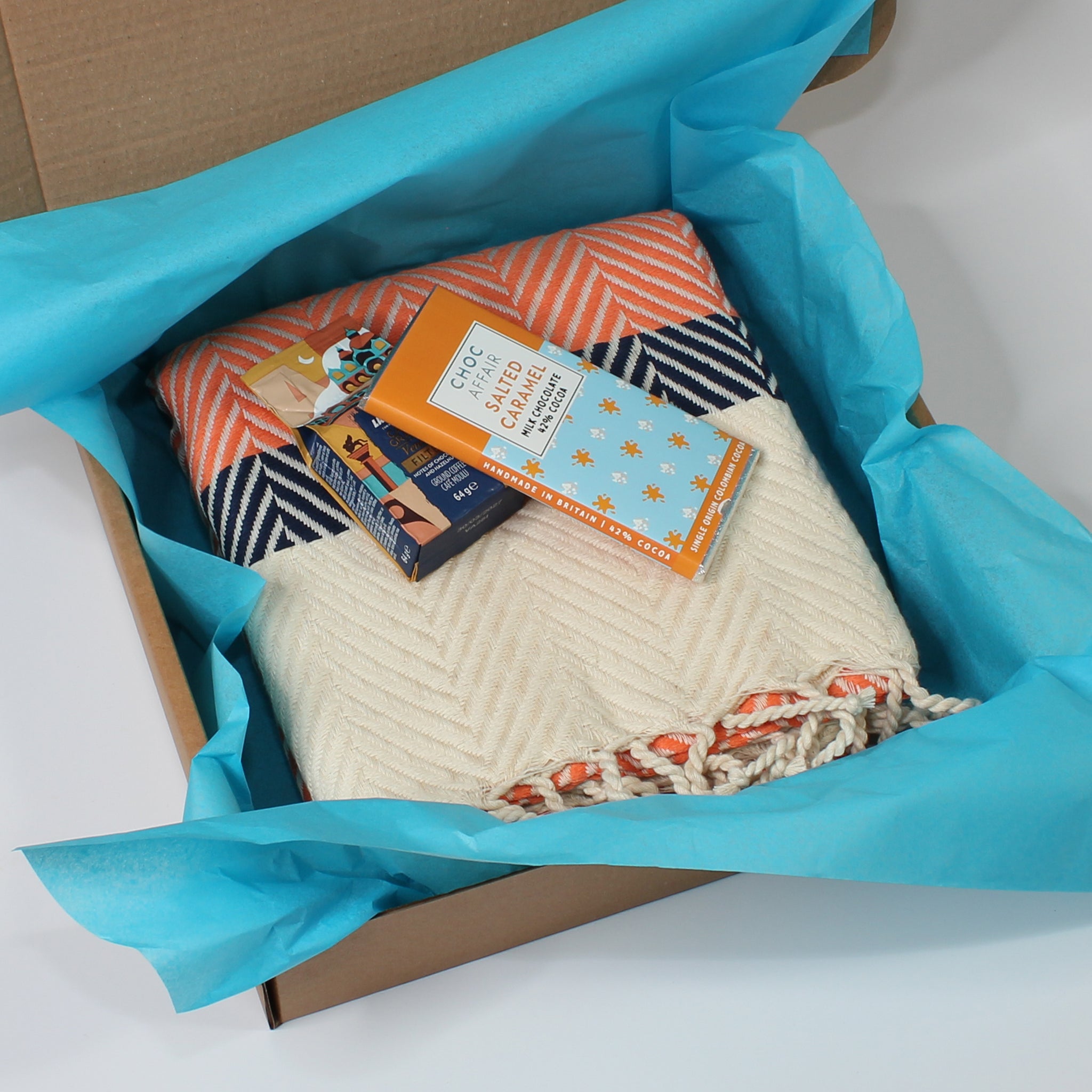 Herringbone Gift Set, Soft Cotton Throw & Coffee & Chocolate Set